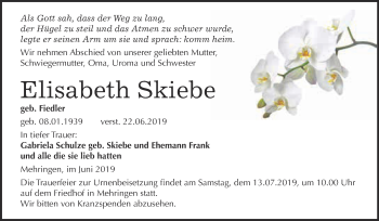 Traueranzeige von Elisabeth Skiebe von Super Sonntag Aschersleben