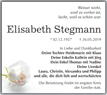 Traueranzeige von Elisabeth Stegmann von Mitteldeutsche Zeitung