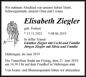 Traueranzeige von Elisabeth Ziegler von Super Sonntag Aschersleben