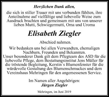 Traueranzeige von Elisabeth Ziegler von Mitteldeutsche Zeitung Aschersleben