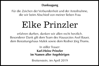 Traueranzeige von Elke Prinzler von Mitteldeutsche Zeitung Sangerhausen