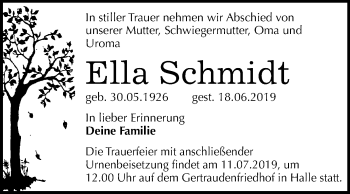 Traueranzeige von Ella Schmidt von Mitteldeutsche Zeitung Halle/Saalkreis