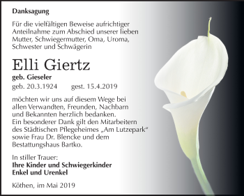 Traueranzeige von Elli Giertz von Mitteldeutsche Zeitung Köthen