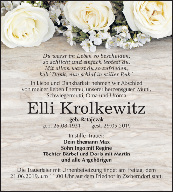 Traueranzeige von Elli Krolkewitz von Mitteldeutsche Zeitung Bitterfeld