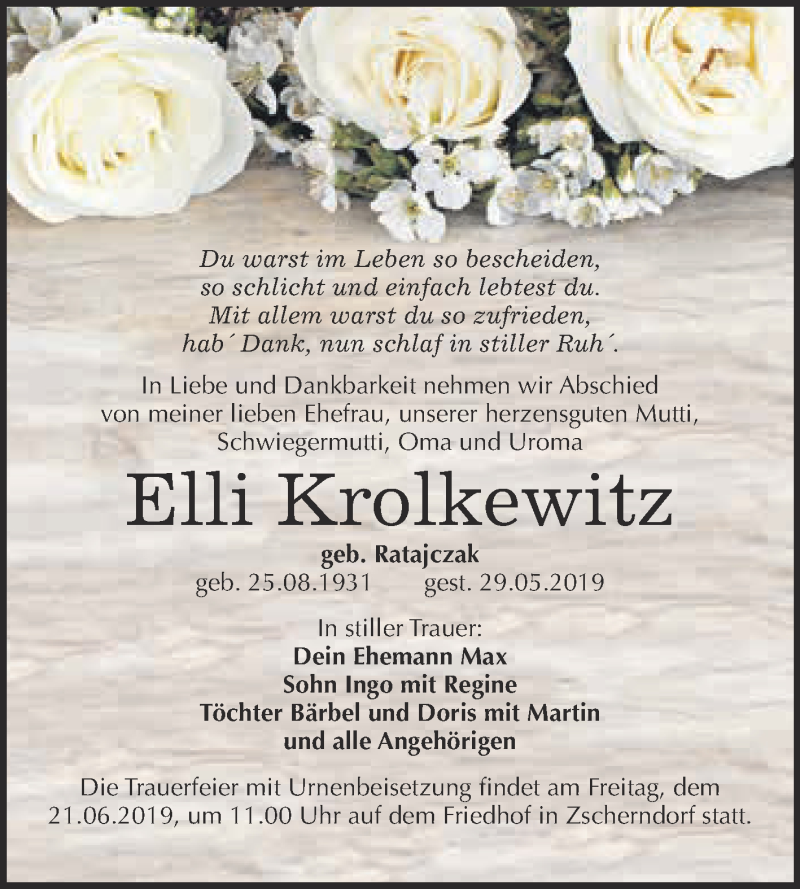  Traueranzeige für Elli Krolkewitz vom 10.06.2019 aus WVG - Wochenspiegel Bitterfeld