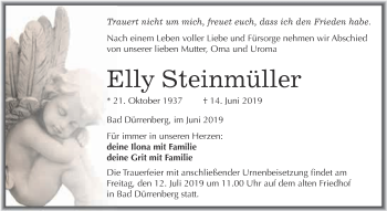 Traueranzeige von Elly Steinmüller von Super Sonntag Merseburg