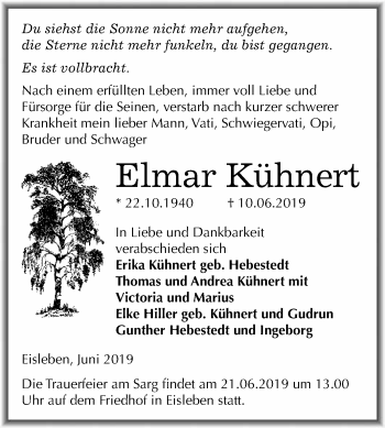 Traueranzeige von Elmar Kühnert von Wochenspiegel Mansfelder Land