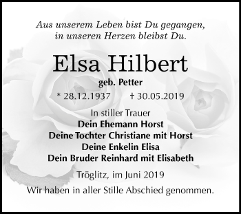 Traueranzeige von Elsa Hilbert von Mitteldeutsche Zeitung Zeitz