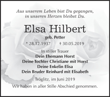 Traueranzeige von Elsa Hilbert von WVG - Wochenspiegel NMB / WSF / ZTZ