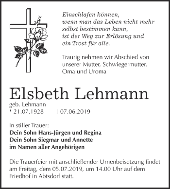Traueranzeige von Elsbeth Lehmann von WVG - Wochenspiegel Wittenberg