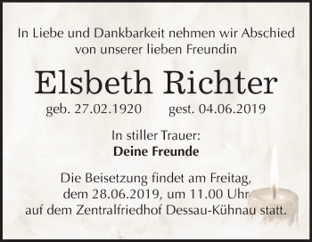 Traueranzeige von Elsbeth Richter von Mitteldeutsche Zeitung Dessau-Roßlau