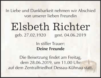 Traueranzeige von Elsbeth Richter von WVG - Wochenspiegel Bitterfeld