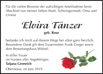 Traueranzeige von Elvira Tänzer von Mitteldeutsche Zeitung Weißenfels