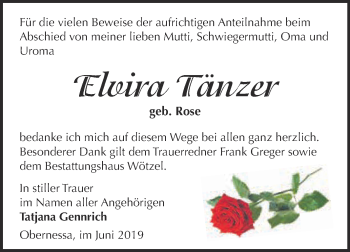 Traueranzeige von Elvira Tänzer von WVG - Wochenspiegel NMB / WSF / ZTZ