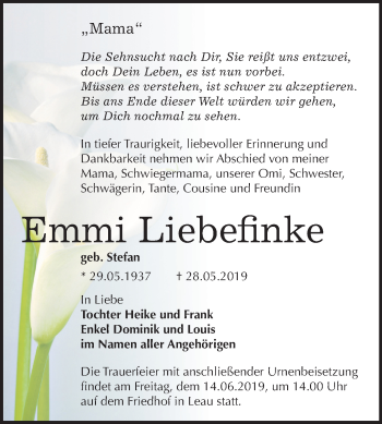 Traueranzeige von Emmi Liebefinke von Mitteldeutsche Zeitung Bernburg