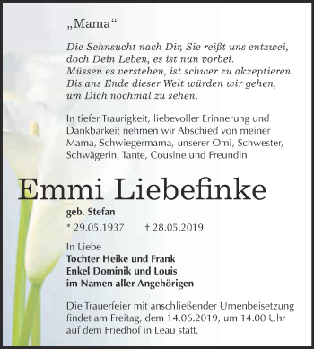 Traueranzeige von Emmi Liebfinke von Super Sonntag Bernburg