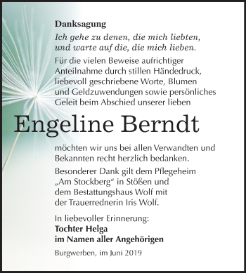 Traueranzeige von Engeline Berndt von Mitteldeutsche Zeitung Weißenfels