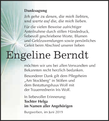 Traueranzeige von Engeline Berndt von WVG - Wochenspiegel NMB / WSF / ZTZ