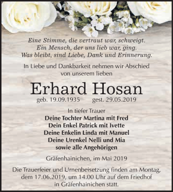 Traueranzeige von Erhard Hosan von WVG - Wochenspiegel Wittenberg