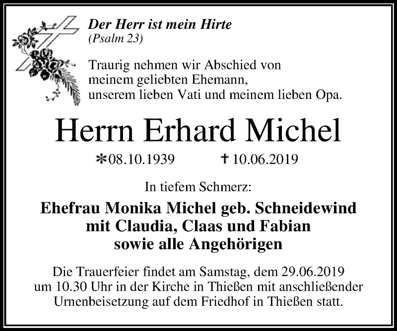  Traueranzeige für Erhard Michel vom 17.06.2019 aus WVG - Wochenspiegel Dessau / Köthen