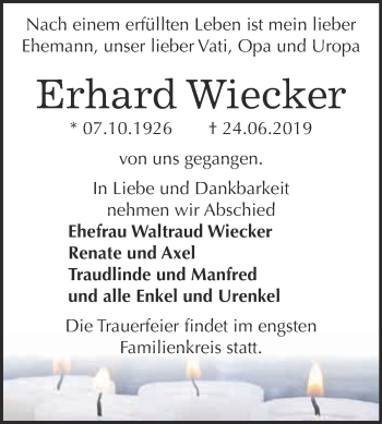 Traueranzeige von Erhard Wiecker von WVG - Wochenspiegel Dessau / Köthen