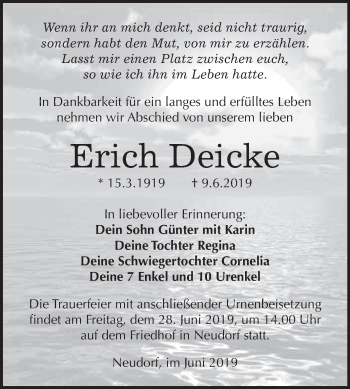 Traueranzeige von Erich Deicke von WVG - Wochenspiegel Quedlinburg