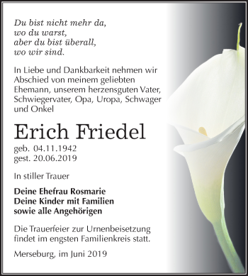 Traueranzeige von Erich Friedel von Mitteldeutsche Zeitung Merseburg/Querfurt