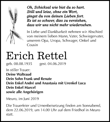 Traueranzeige von Erich Rettel von Mitteldeutsche Zeitung