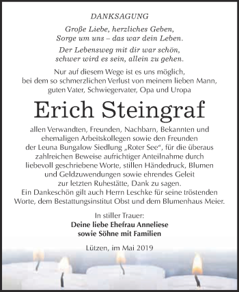 Traueranzeige von Erich Steingraf von Super Sonntag Merseburg