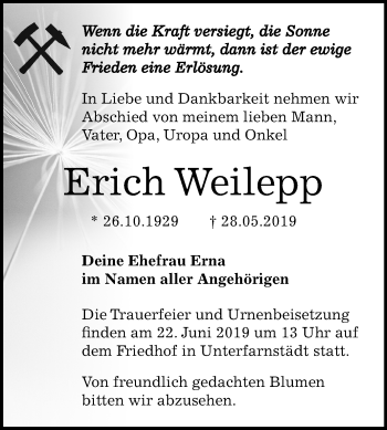 Traueranzeige von Erich Weilepp von Mitteldeutsche Zeitung Merseburg/Querfurt