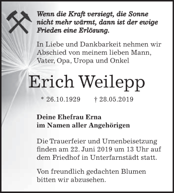 Traueranzeige von Erich Weilepp von WVG - Wochenspiegel Merseburg