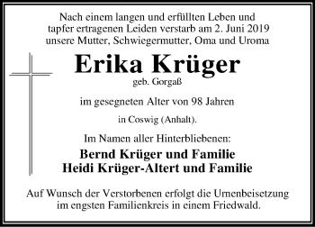 Traueranzeige von Erika Krüger von WVG - Wochenspiegel Dessau / Köthen