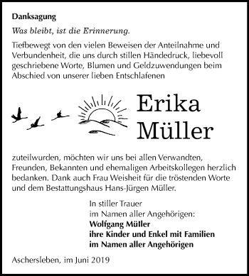 Traueranzeige von Erika Müller von Mitteldeutsche Zeitung Aschersleben