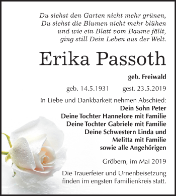 Traueranzeige von Erika Passoth von Mitteldeutsche Zeitung Bitterfeld