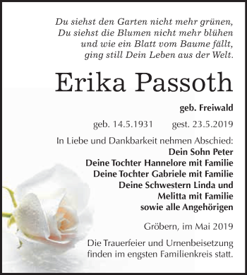 Traueranzeige von Erika Passoth von WVG - Wochenspiegel Bitterfeld
