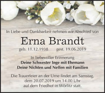 Traueranzeige von Erna Brandt von Super Sonntag Wittenberg
