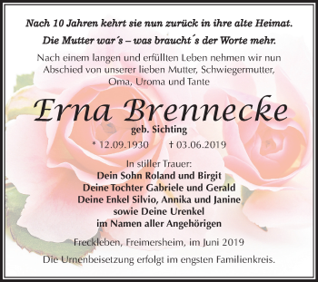 Traueranzeige von Erna Brennecke von Mitteldeutsche Zeitung Aschersleben