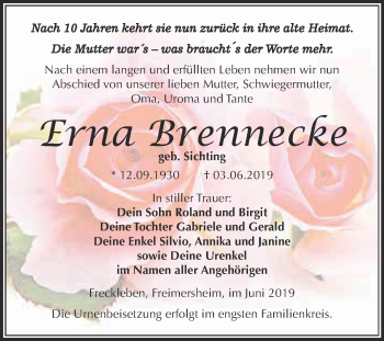 Traueranzeige von Erna Brennecke von Super Sonntag Aschersleben