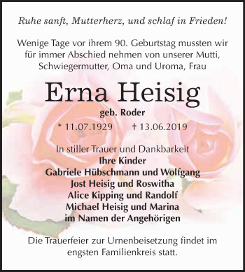 Traueranzeige von Erna Heisig von WVG - Wochenspiegel NMB / WSF / ZTZ