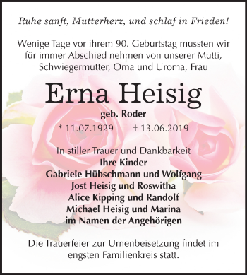 Traueranzeige von Erna Heisig von Mitteldeutsche Zeitung Zeitz
