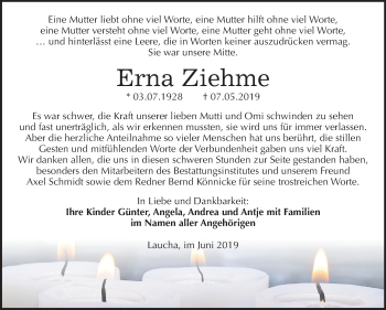 Traueranzeige von Erna Ziehme von Mitteldeutsche Zeitung