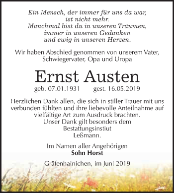 Traueranzeige von Ernst Austen von WVG - Wochenspiegel Wittenberg