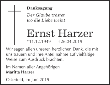 Traueranzeige von Ernst Harzer von WVG - Wochenspiegel NMB / WSF / ZTZ