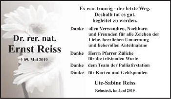Traueranzeige von Ernst Reiss von WVG - Wochenspiegel Quedlinburg