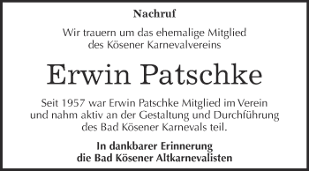 Traueranzeige von Erwin Patschke von WVG - Wochenspiegel NMB / WSF / ZTZ