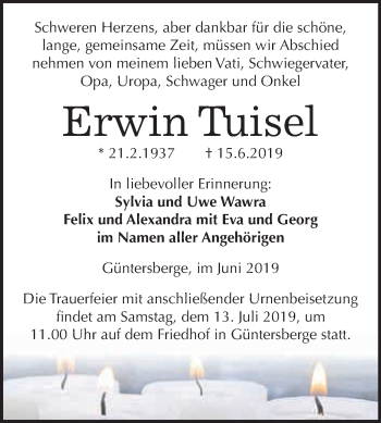 Traueranzeige von Erwin Tuisel von WVG - Wochenspiegel Quedlinburg