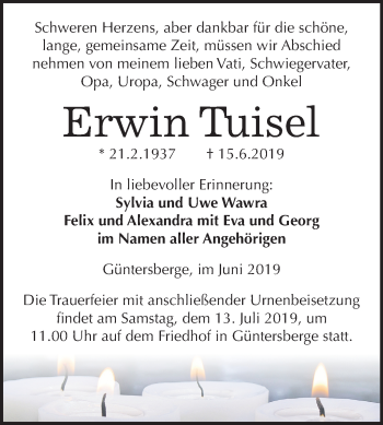 Traueranzeige von Erwin Tuisel von Mitteldeutsche Zeitung