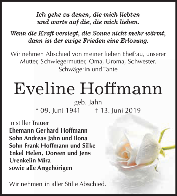 Traueranzeige von Eveline Hoffmann von WVG - Wochenspiegel NMB / WSF / ZTZ