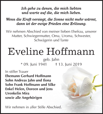 Traueranzeige von Eveline Hoffmann von Mitteldeutsche Zeitung Zeitz