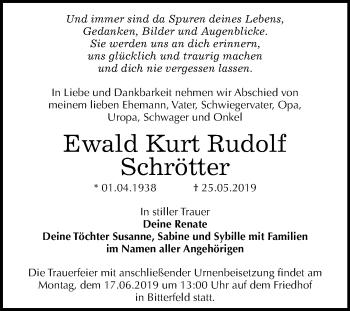 Traueranzeige von Ewald Kurt Rudolf Schrötter von WVG - Wochenspiegel Bitterfeld